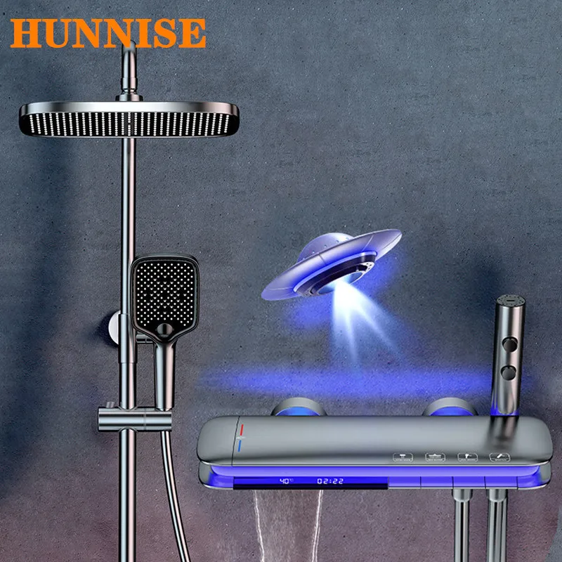 Luxury Piano Digital Shower Set Brass Bathroom Faucets Hot Cold Shower Sprinkler Grey Hot Cold Thermostatic Bath System