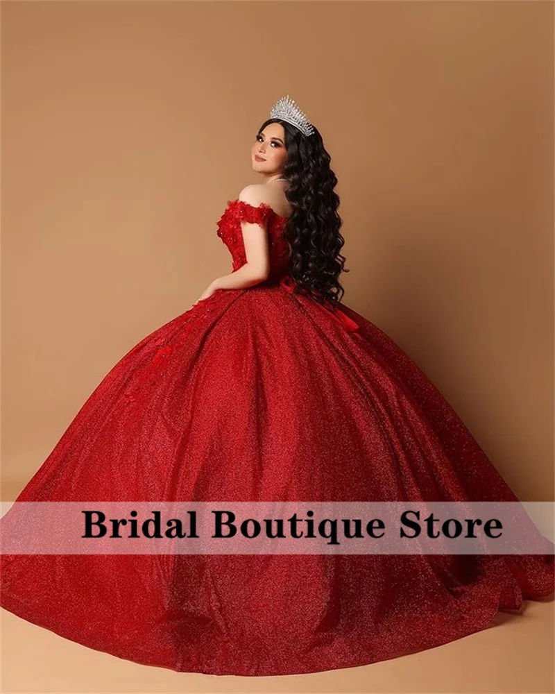 Quinceanera Dresses Red Sparkly Ball Gown 3D Flower Applique Off Shoulder Sweet 15 16 Dress Birthday Party Wear