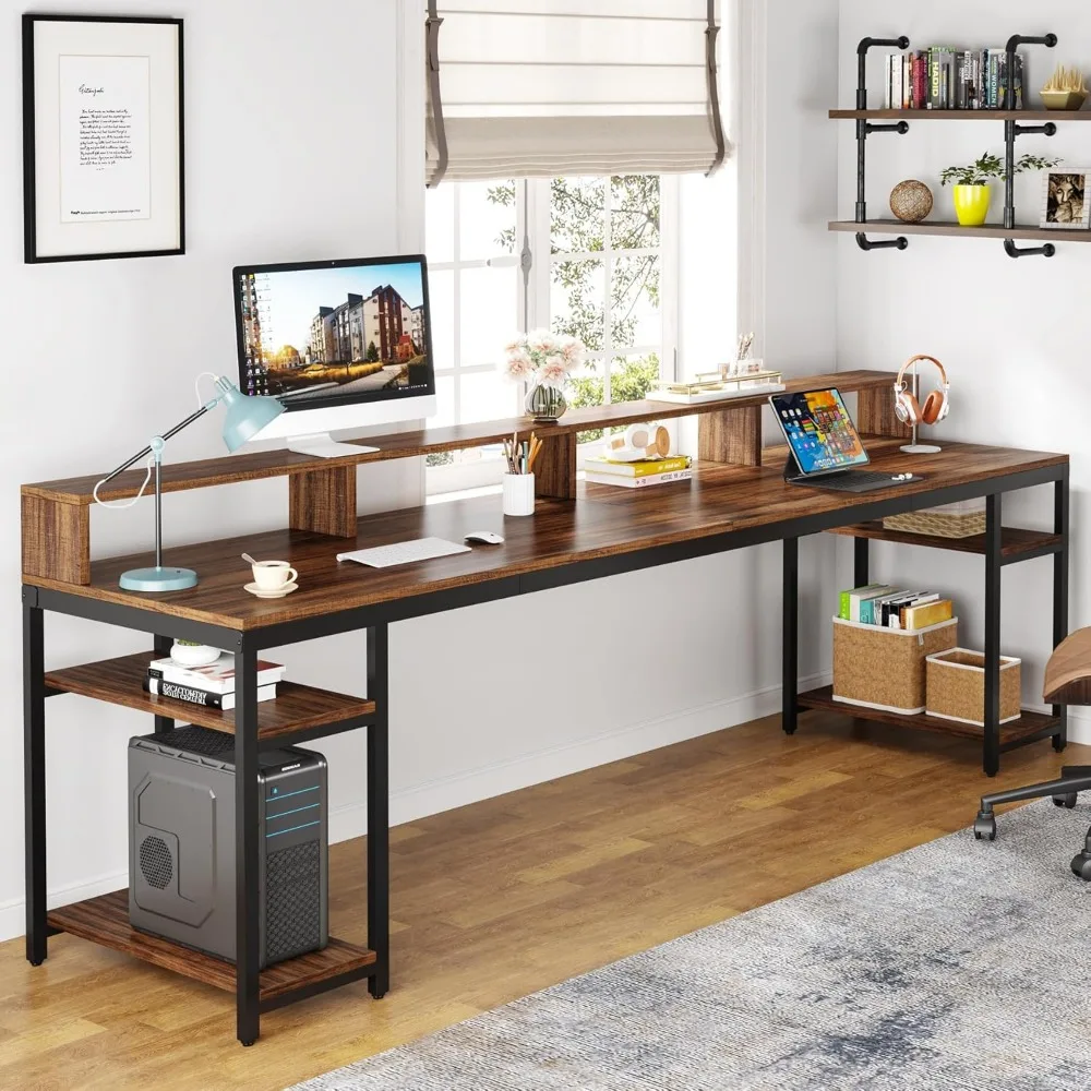 Two Person Desk with Monitor Stand, 78.74" Long Double Computer Office Desk with Storage Shelves, Large Gaming Desk Study 4