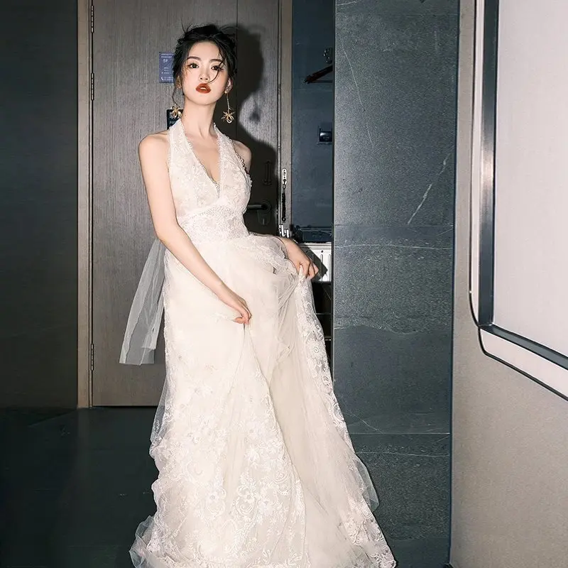 

F115 Lace light wedding dress bride 2024 new dinner birthday party halter neck dress female