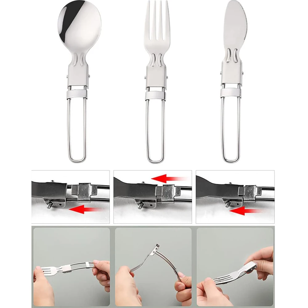 Camping Flatware Set – Foldable Stainless Steel Spoon, Fork & Knife with Nylon Bag 3