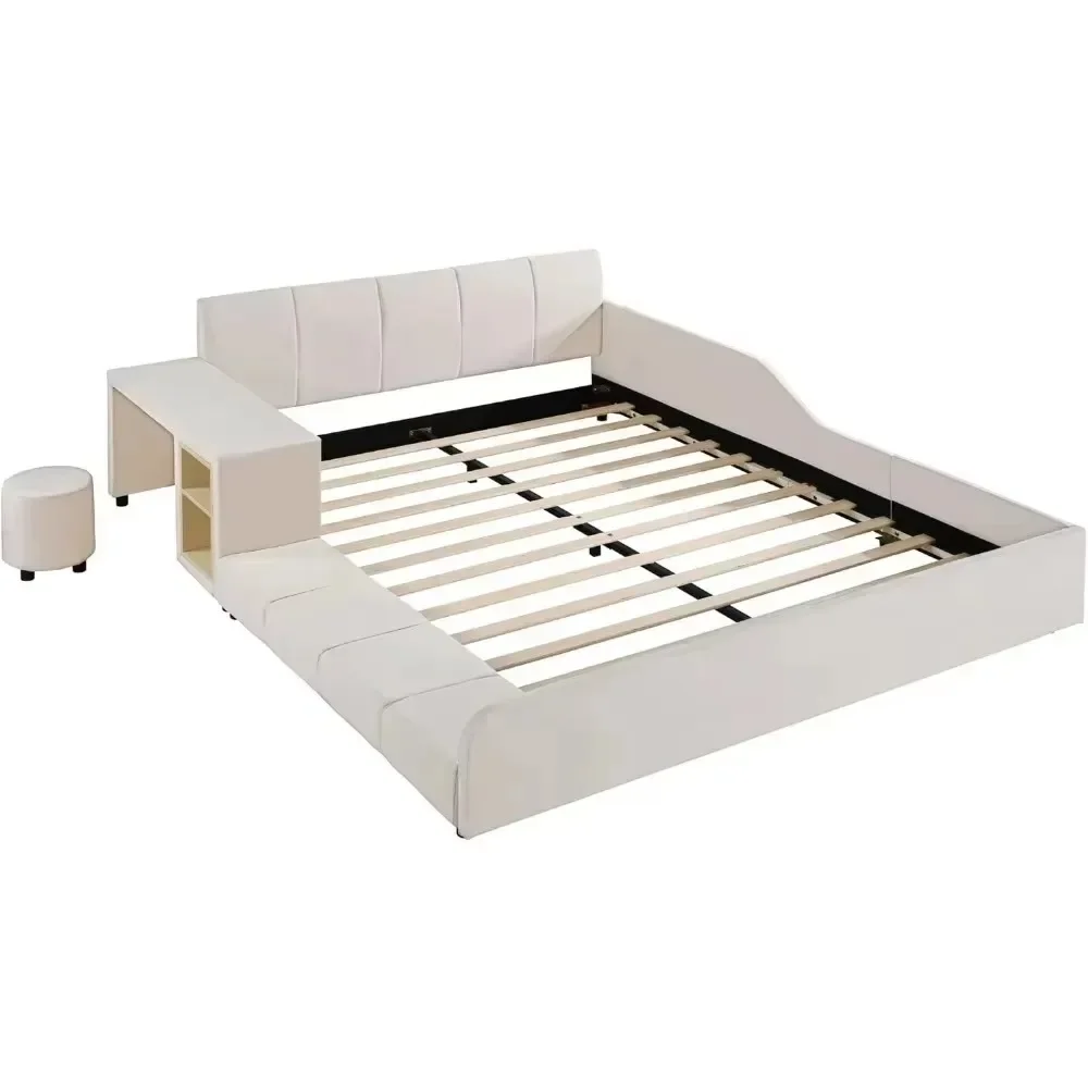 Beds Upholstered Grounded Bed with Bedside Desk and Stool, Co-Sleeping Bed with Upholstered Headboard Italian Style Modern Beds 5