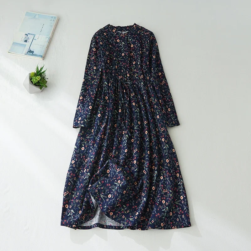 

Cotton Linen Floral Long-sleeved Dress Female Fall Korean Version of The Retro Literary Loose Lacing Yankee Long Section Z578