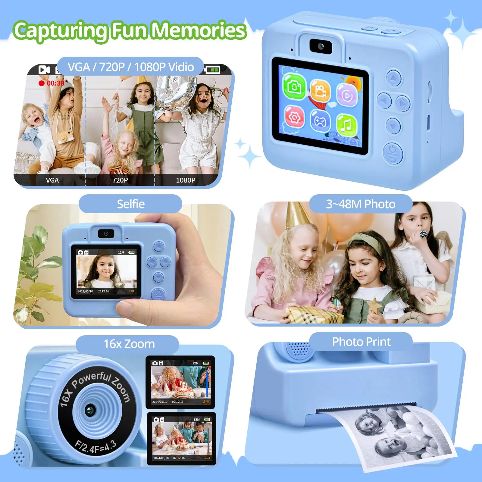 Kids Instant Print Camera Digital Camera Toddler Toys 1080P 2.4 Inch Camera Thermal Printing Photo Video Games Boys Girls Gifts