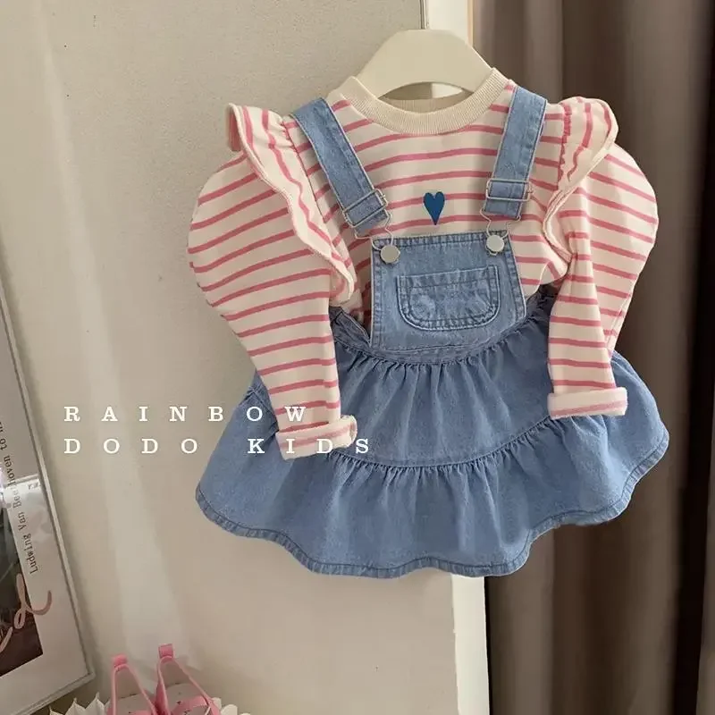 

2023 Baby Girls Clothing Set Striped Sweaters+denim Drss,spring Autumn Kids Children Printed Birthday 2pcs Clothes Sets Outfits