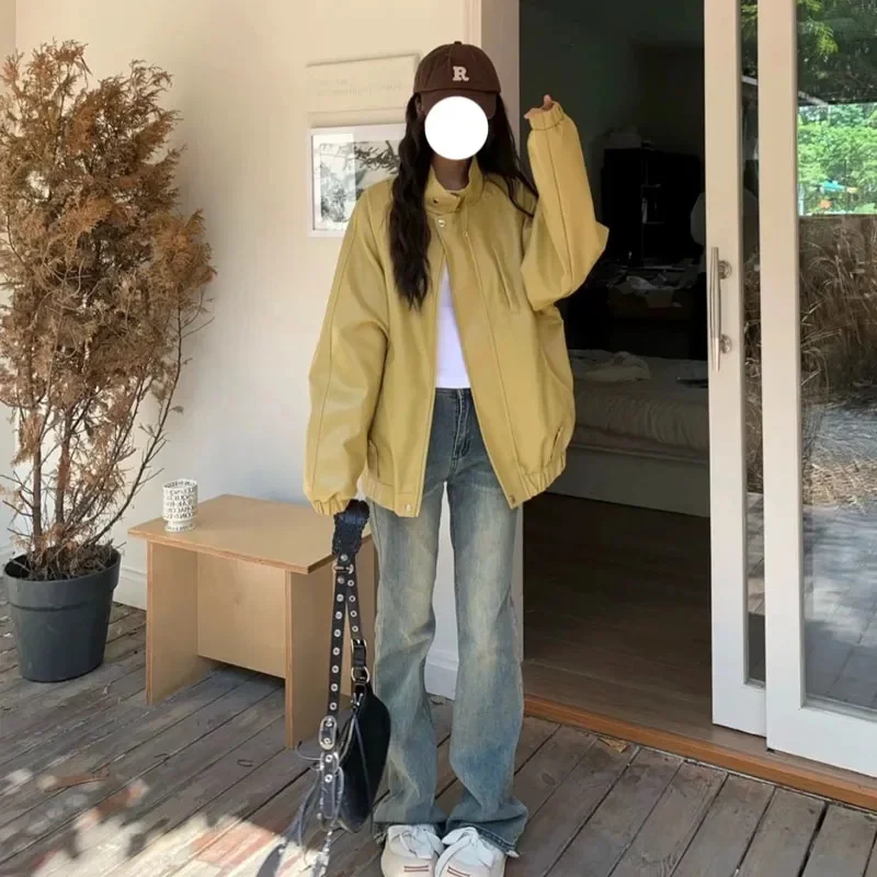 2023 New Fashion Loose Network Red Spring Autumn Japanese Retro Buckle Motorcycle PU Leather Jacket Coat Loose Couple Top Trend