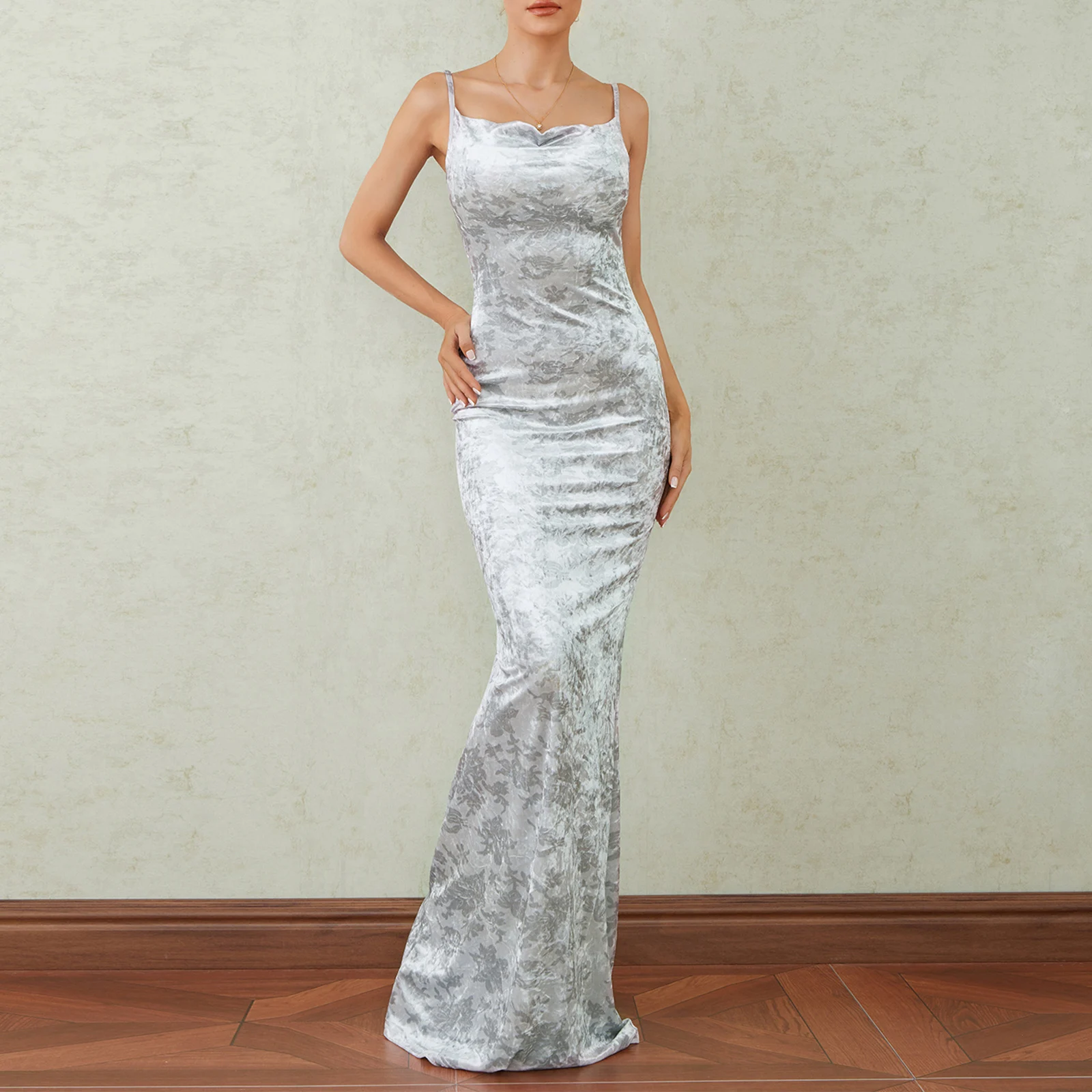 

Women Flower Pattern Cowl Neck Sleeveless Cami Dress Summer Tie-Up Backless Evening Party Long Bodycon Dress