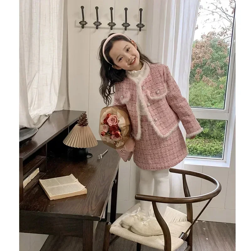Spring Winter Girl Kids Tweed Clothes Sets Fashion Children Suits Cotton Padded Jacket Coat+Skirt 2Pcs for 1-10Years