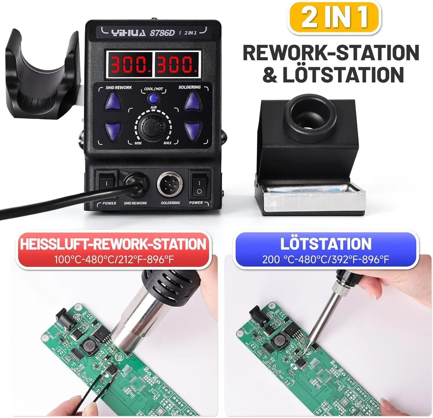 Yofuly 750W Hot Air Soldering Station, 2 in 1 Rework Station Soldering Iron Set 8786D SMD Desoldering Station & Statio