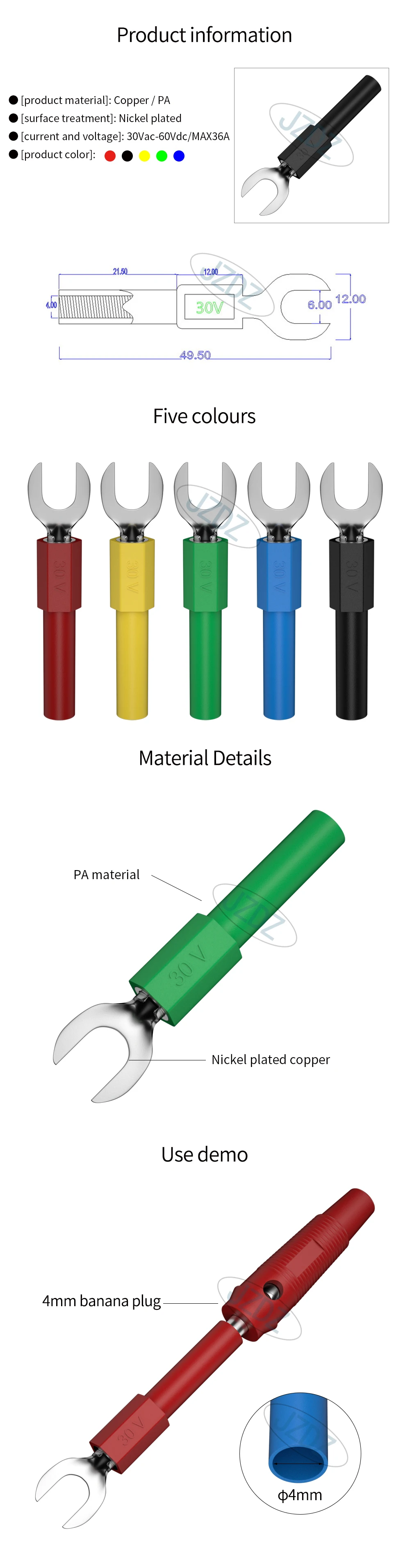 Description Picture 2 of itemJZDZ 10PCS 6MM Insulated Fork Spade U-Type Wire Connector Electrical Crimp Terminal Copper Banana Socket 4mm J.20016