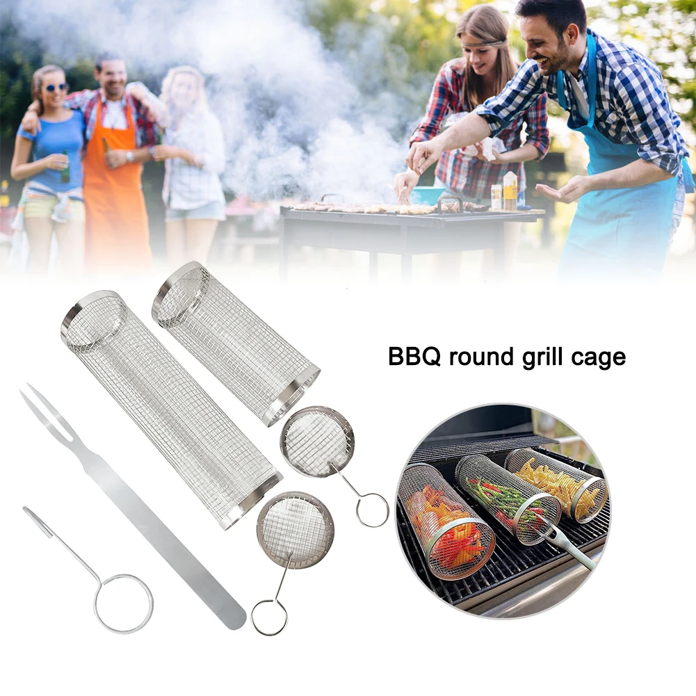 

Stainless Steel Outdoor Barbecue Cage with Anti Scalding Hook Loop, Baking Fork for Meat, Fish, Shrimp, Vegetable