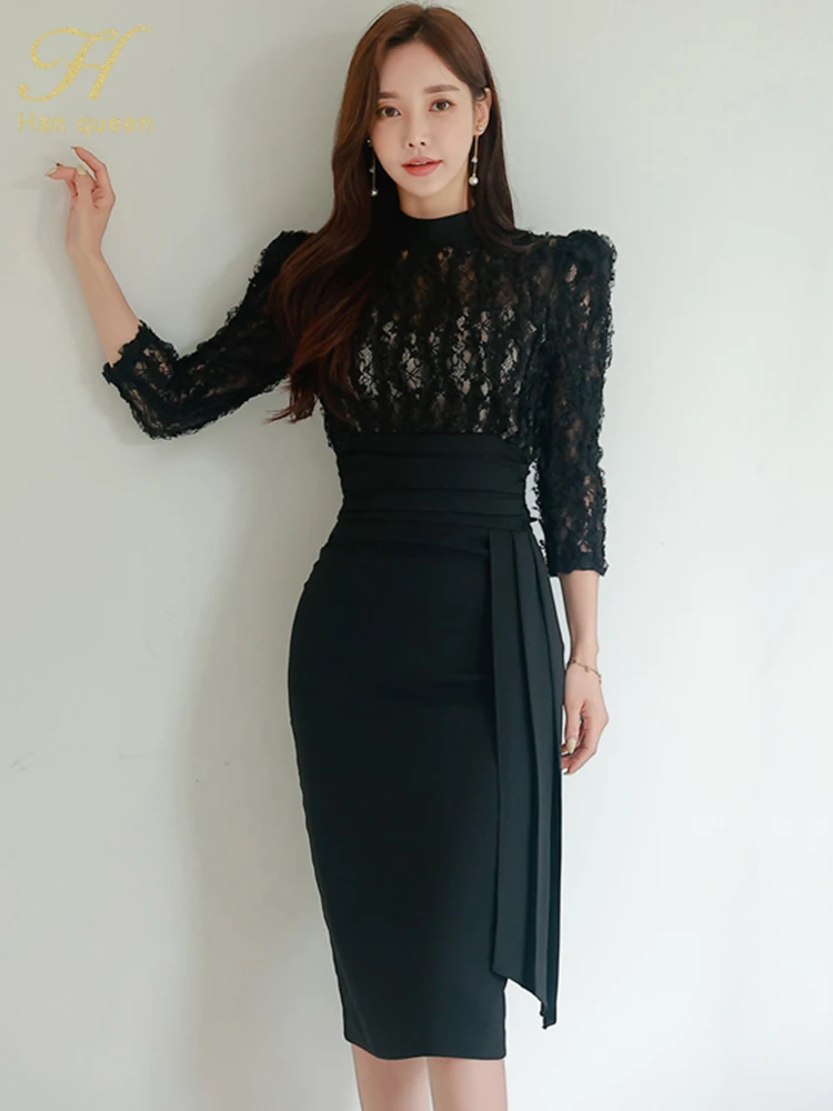 H Han Queen 2024 Spring New Lace Patchwork Party Dress Women Sheath ...