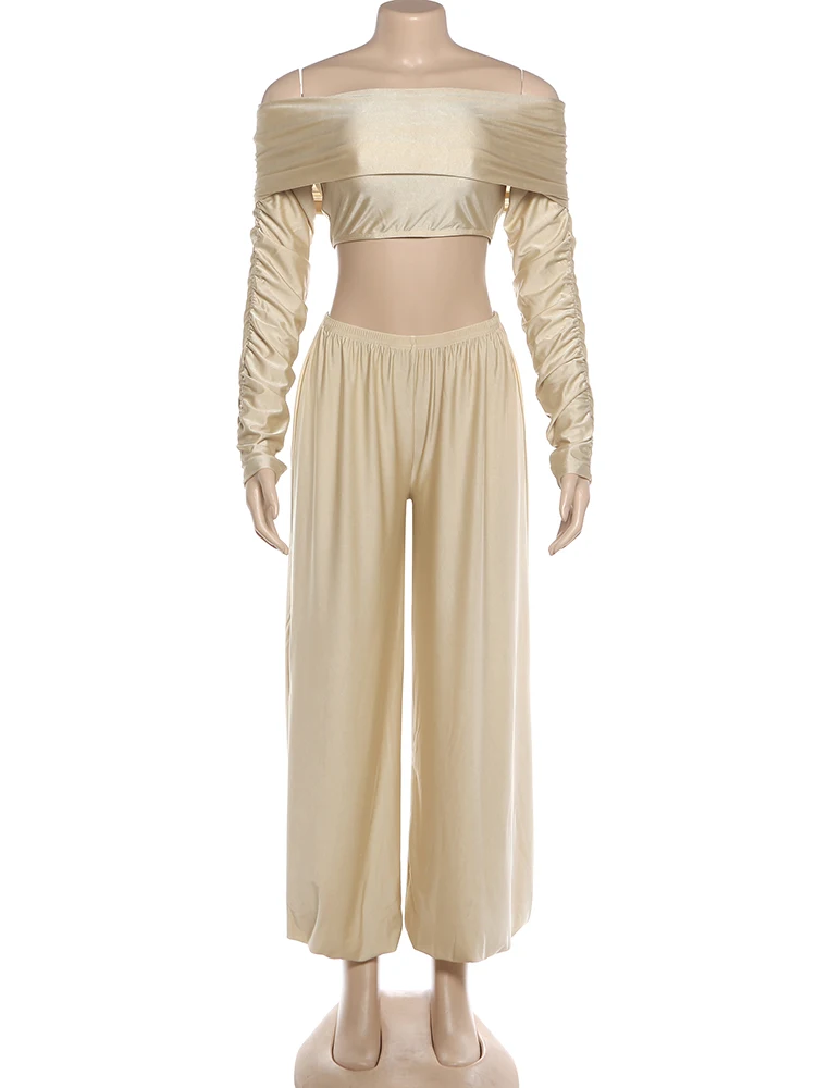 Nibber Fashion 2-Piece Set Women Slash Neck Folds Full Sleeve Crop Tops+Elastic Waist Pants Casual Solid Commute Elegant Suits