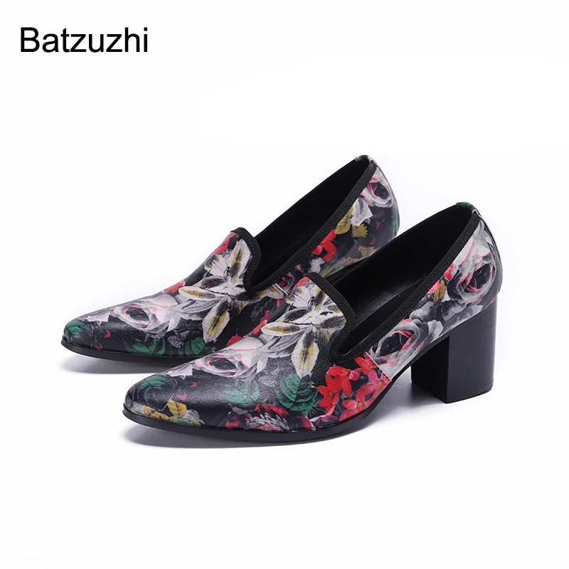 

Batzuzhi Italian Style Men Shoes Pointed Toe 7.5CM High Heels Men Leather Shoes Print Flowers Fashion Party&Wedding Shoes Men