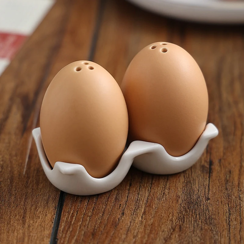 Ceramic Salt Set Pepper Shaker Set Mini Brown Egg Shaped Shakers With Carton Design Holding Stand Seasoning Jars