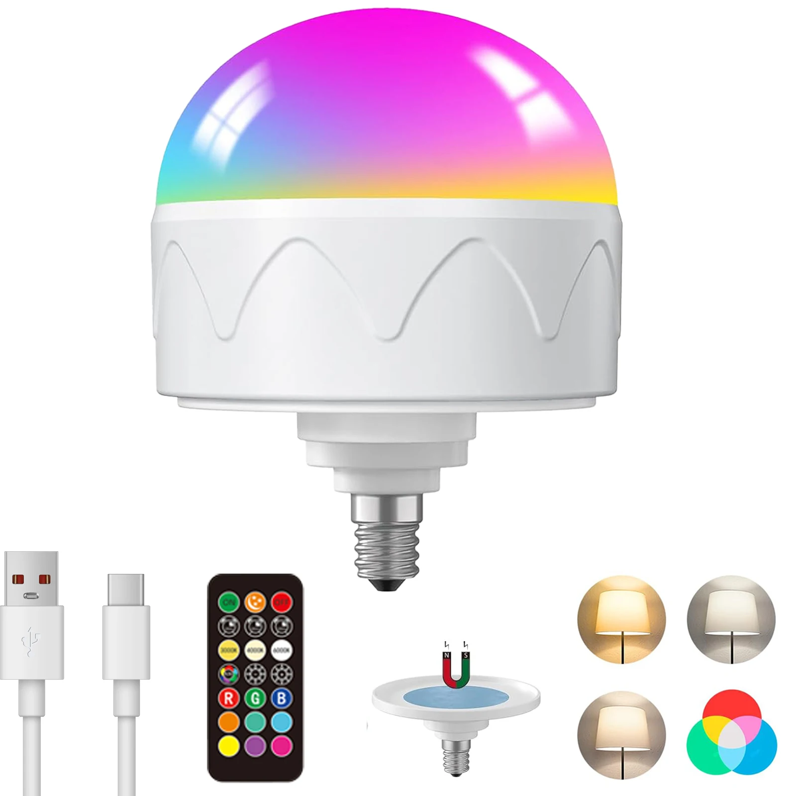 Rechargeable Light Bulbs with Remote E12 Battery Operated Light Bulb 2200mAh, Detachable Light Bulb, 3 Color Temperatures/Timer