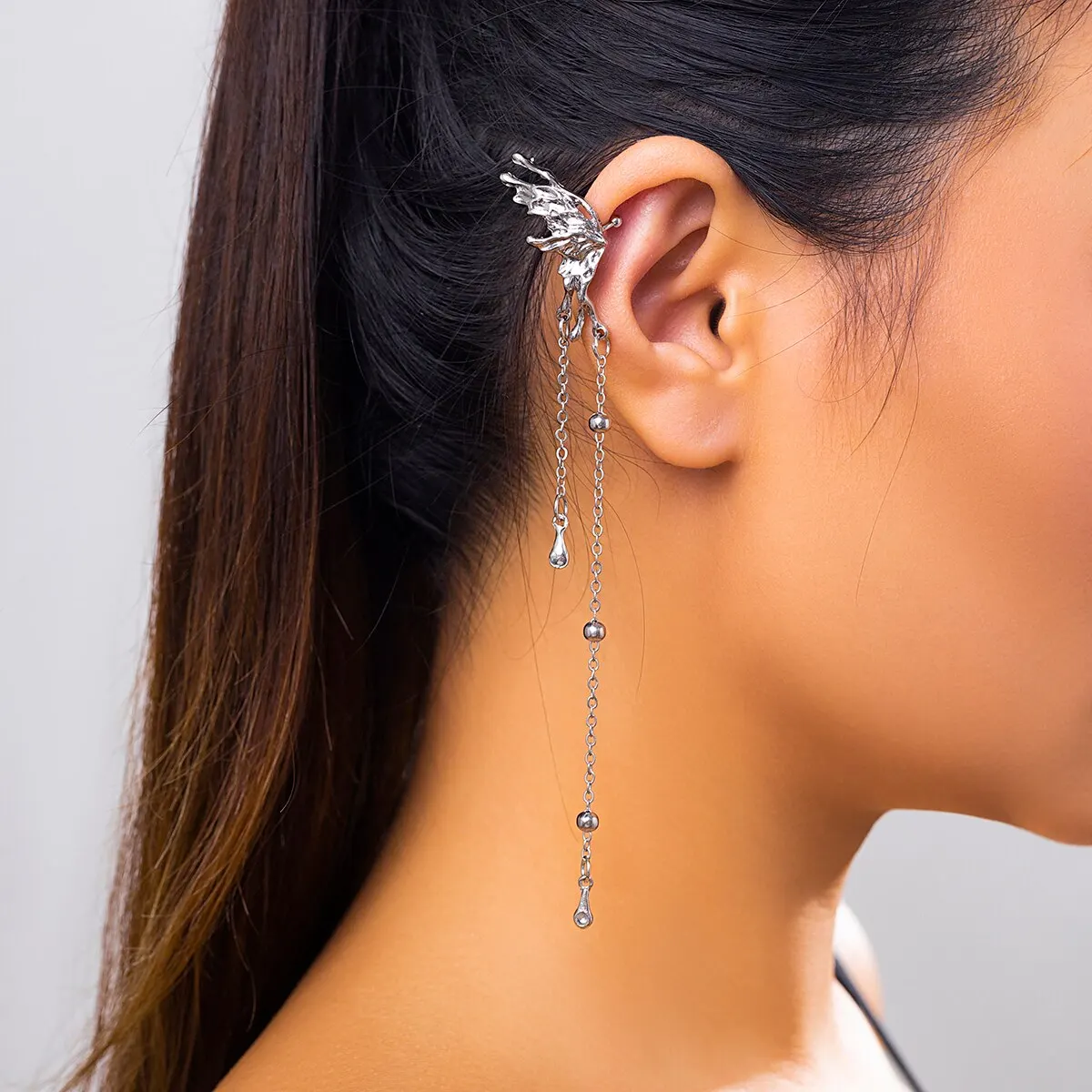 Clip Earrings 1Pair Elf Butterfly Long Tassel Clip Earrings For Women Wed Bridal Retro Kpop No Piercing Earbone Ear Cuff Jewelry Gift