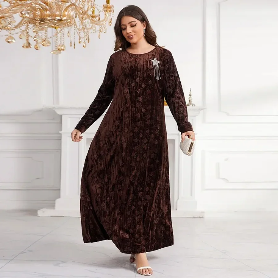Abayas for Women Dubai 2024 Fashion Muslim Women Long Sleeve O-neck Velvet Plus Size Long Maxi Dress Muslim Fashion Abaya