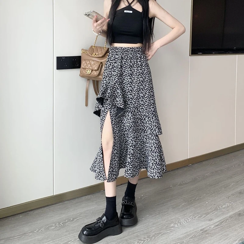 

Floral Printing Split Long Skirt Women Summer Elastic Waist Ruffles Chiffon Skirts Woman Korean A Line Irregular Skirt Female