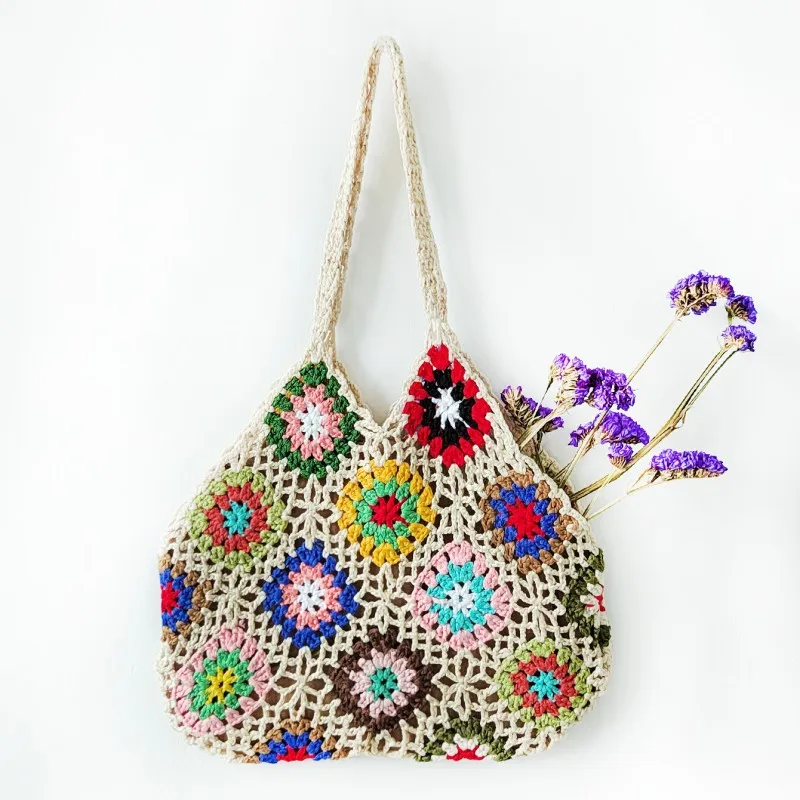 Bolsos de ganchillo de playa de verano para mujer, bolsos de mano tejidos florales ahuecados, bolsos de compras bohemios de gran capacidad