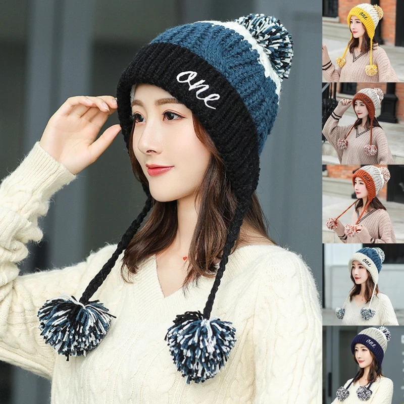 

Women Winter Knit Beanie Hat Letters Embroidery Plush Lined Earflap