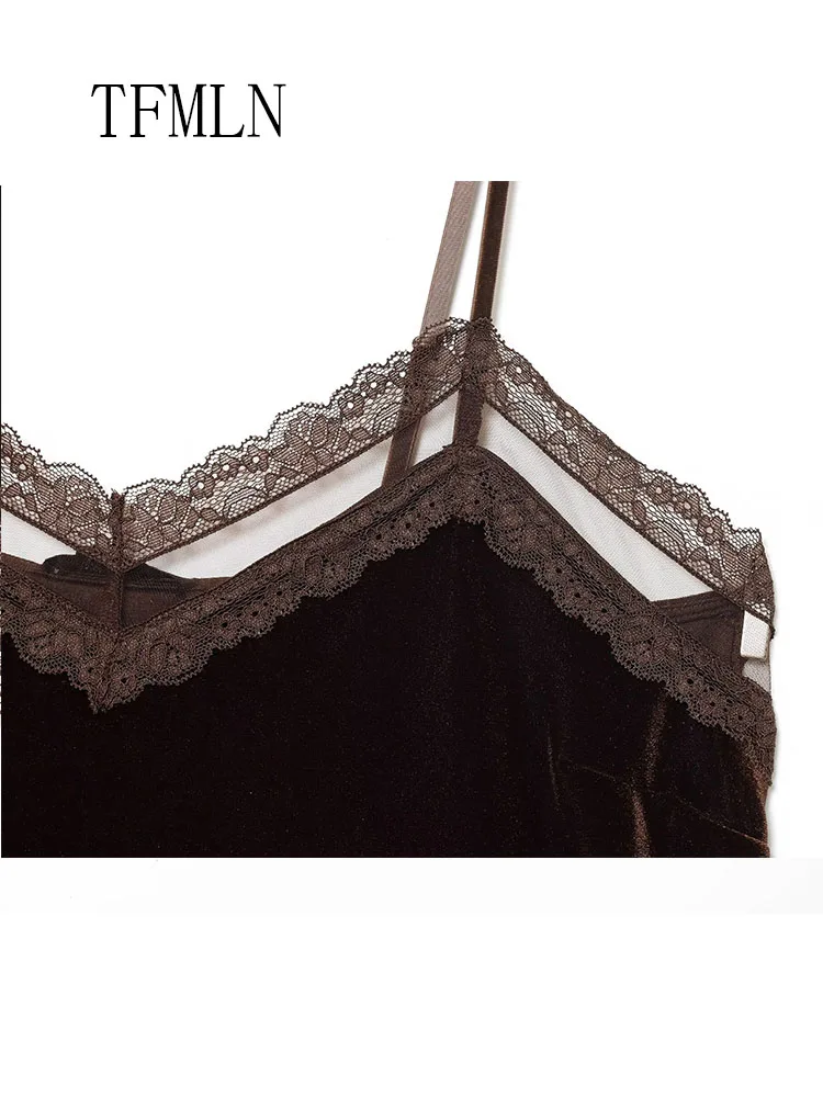 Fashion Women Velvet Lace-trim Camisole Tops 2026 Spring Summer Sleeveless Backless Sexy Underwear Tops Elegant Soft Strap Tops