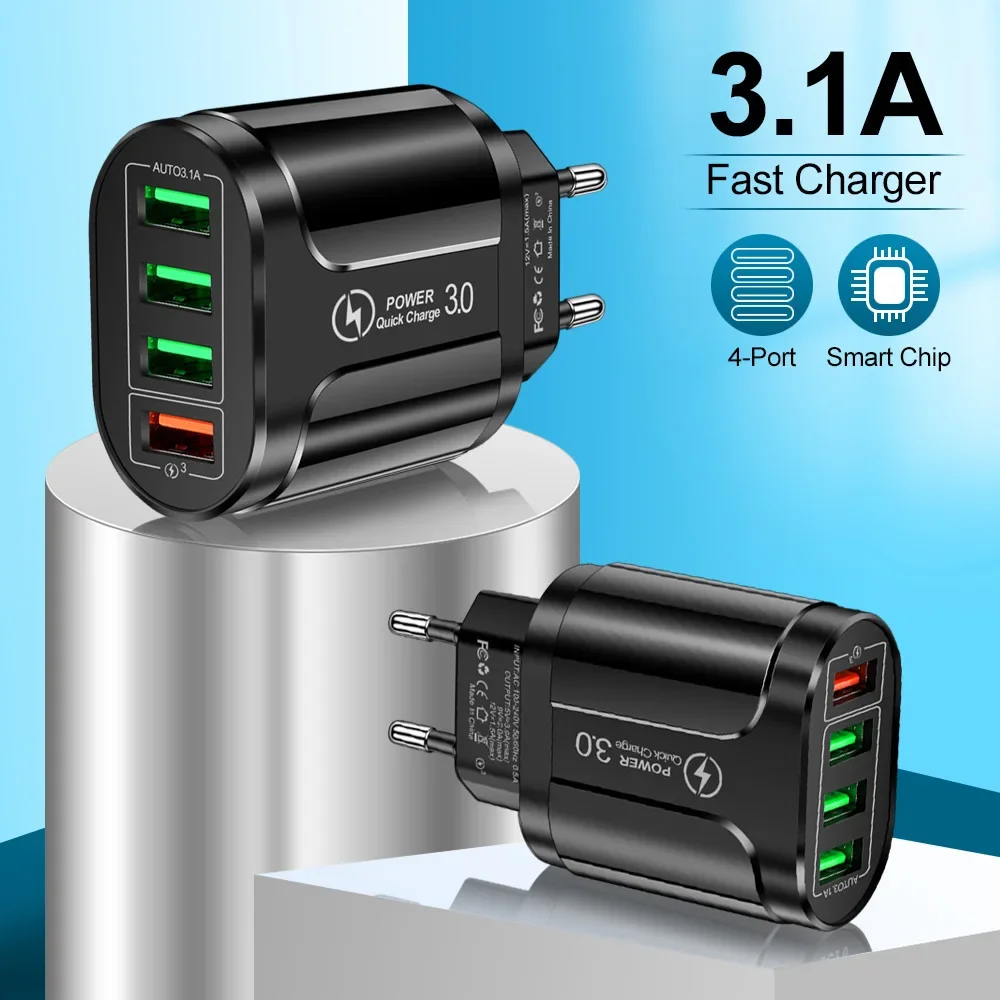 48W 4 USB Ports Quick Charger 3.0 Travel Adapter Mutil Port Fast Charging Suitable For Android iPhone Xiaomi Samsung Other Phone