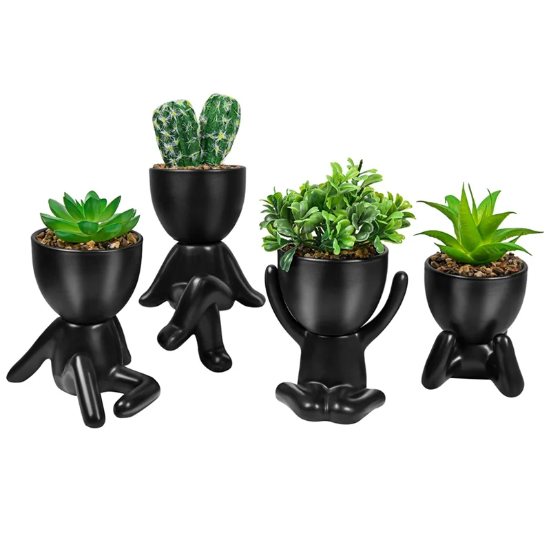 

4PCS Artificial Succulent Planters, Mini Potted Ceramic Succulent Decor, Creative Human Shaped Black Pots Small Pots