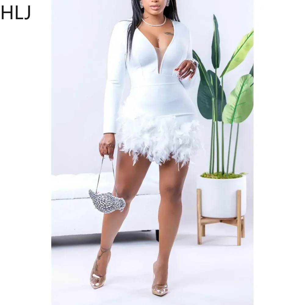 HLJ Fashion Feather Stitching Deep V Party Club Rompers Women Long Sleeve Bodycon Jumpsuits Female Solid Color Slim Overall 2023