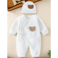 Barboteuse en coton avec chapeau pour nouveau-né, combinaison pour bébé garçon et fille, ours de dessin animé mignon, toutes saisons 1