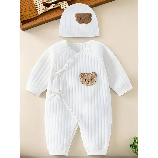 Barboteuse en coton avec chapeau pour nouveau-né, combinaison pour bébé garçon et fille, ours de dessin animé mignon, toutes saisons 1