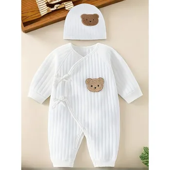 All Seasons Cute Infant neonato pagliaccetto Baby Boy Girl Cartoon Bear tuta in cotone con cappello 1
