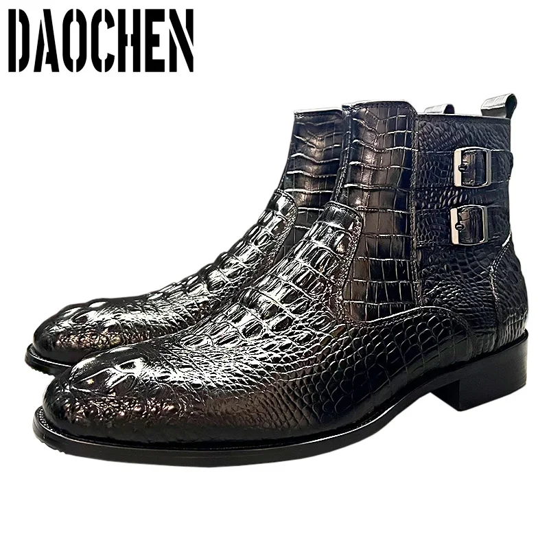 Men Chelsea Boots Luxury Ankle Black Brown Crocodile Printed Zipper Double Buckle Genuine Leather Dress
