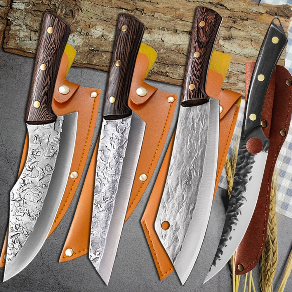 3/4PCS Set Forging Kitchen Boning Knife Full Tang Handle Handmade Steel Boning Knives Chef Slicing Cutter Santoku Cleaver