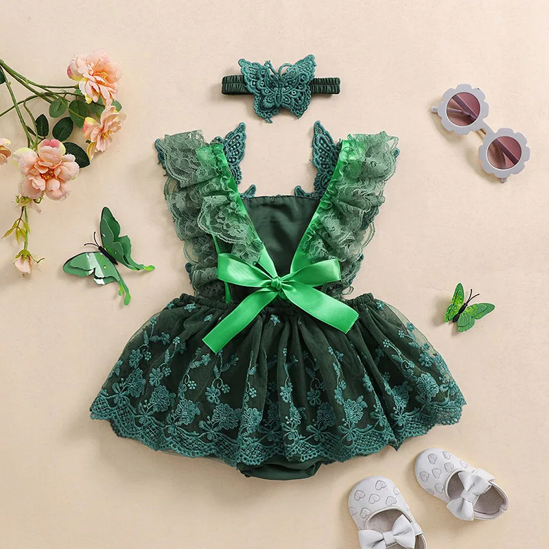 Infant Baby Girls Princess Rompers Dress Lace Butterfly Fly Sleeve Mesh Skirt Hem Jumpsuits with Headband Birthday Party Outfit 1