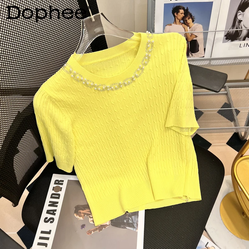 Chic Beads Rhinestone Slimming Short Sleeve Ice Silk Knitwear Tshirt Candy Color Casual T shirt