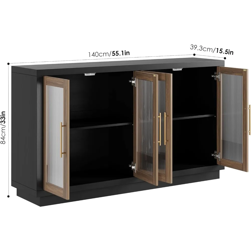 Buffet Cabinet with Storage, 55.1" Large Sideboard Buffet Cabinet, Modern Sideboard Kitchen Cabinet with 4 Fluted Glass Doors 3