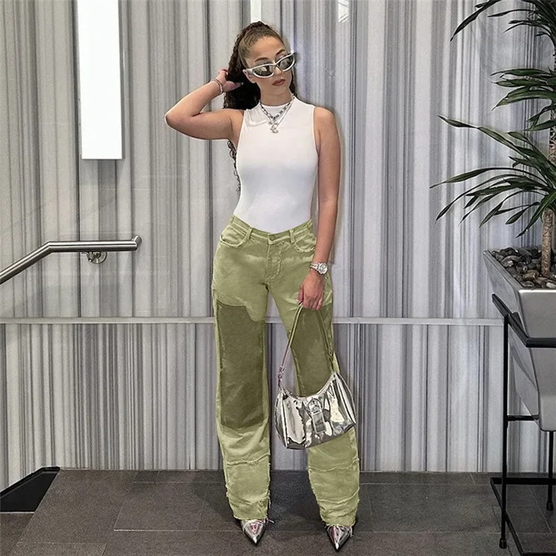 Color Patchwork High Waist Loose Casual Jeans for Women 2023 Autumn New High Waist Button Fly Straight Leg Pants Streetwear