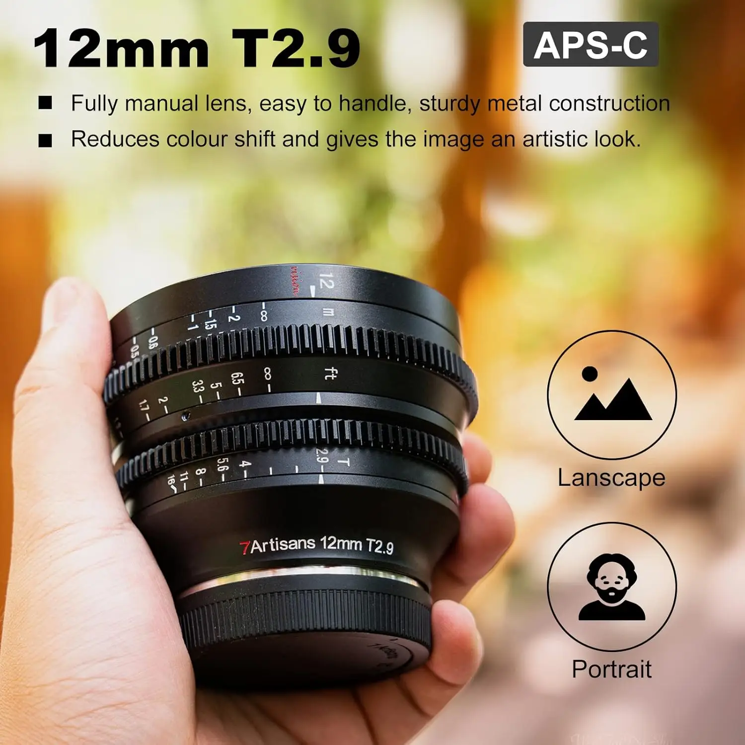 7artisans APS-C 12mm T2.9 대구경 카메라 시네 렌즈 ( E, 후지필름 XF, 니콘 Z, RF, M43 L 마운트용) 인문사진 촬영용
