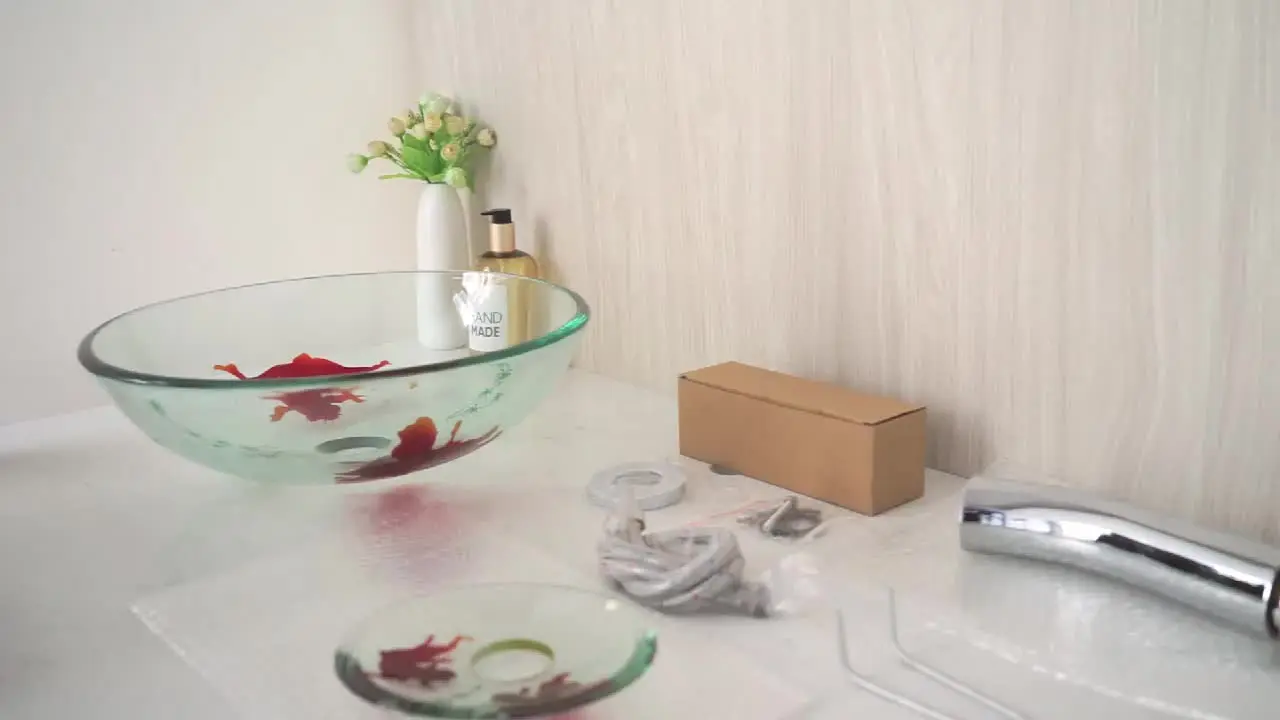 金魚柄　ガラスの洗面器 Zappo-金魚強化ガラス洗面器、バスルームアート、ラウンドシンク