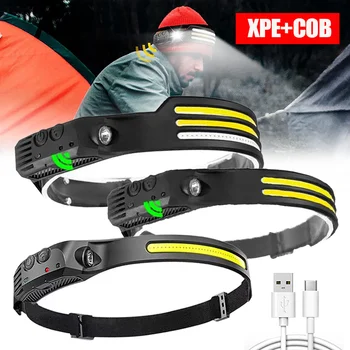 USB 충전식 LED 센서 헤드램프 캠핑 서치 라이트 헤드라이트, XPE + COB LED 헤드 토치, 러닝 낚시 랜턴 작업등