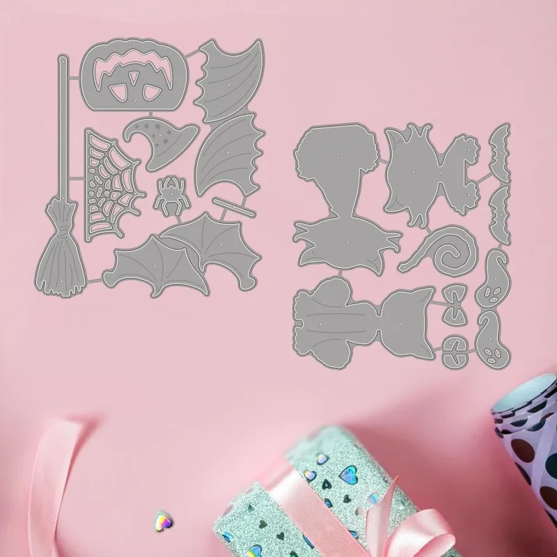 할로윈 박쥐 고양이 절단 다이 유령 거미줄 탄소강 절단 다이 스텐실, 카드 제작 장식 엠보싱 DIY, 2 개
