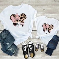 New Leopard Minnie Mouse Print Kawai Mother Kids Family Matching Outfits Disney Tops White Short Sleeve Mom and Daughter Clothes 1