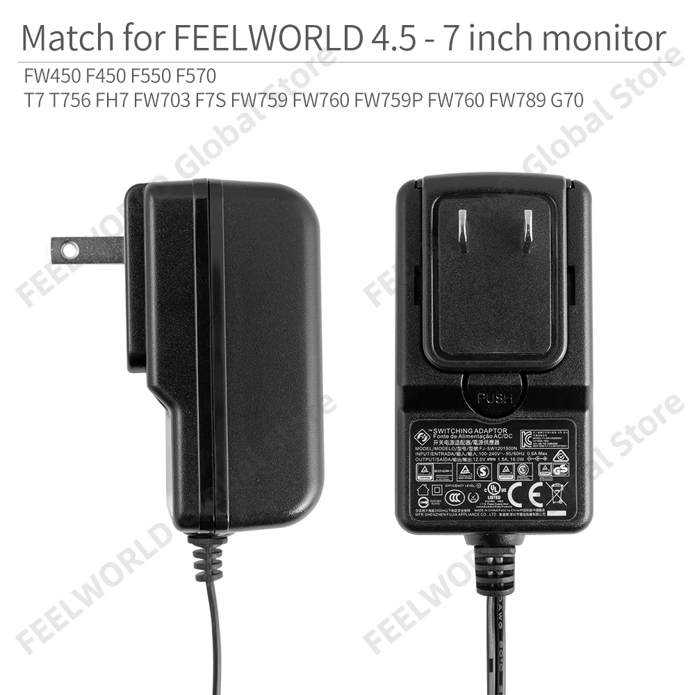 FEELWORLD 가정용 스위칭 전원 어댑터, Feelworld F570, T7, FW703, FW759, S55, DC 12V, 1.5A, 100V, 240V, 50Hz, 60Hz