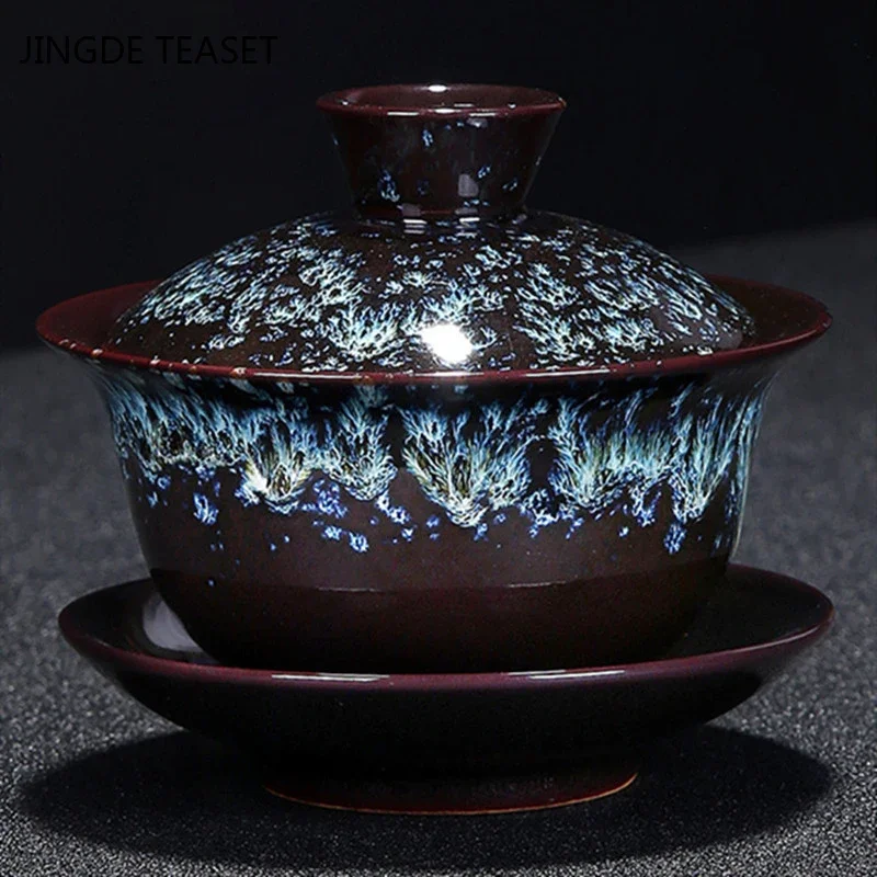 Jingdezhen Retro Ceramic Tea Gaiwan Teacup Handmade Tea Tureen Chinese Ru Kiln Tea Bowl Luxury Tea Set Accessories Master Cup