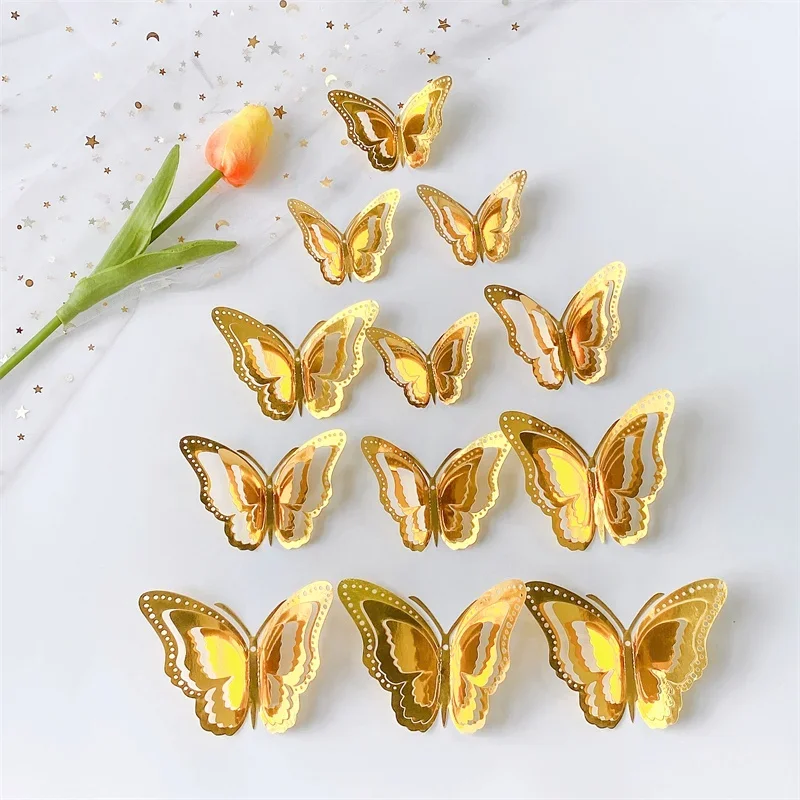 New 3D Hollow Layered Butterfly Wall Sticker Gold Decorative Butterfly Home Decor Fridge DIY Party Wedding Sticker 3D Stickers