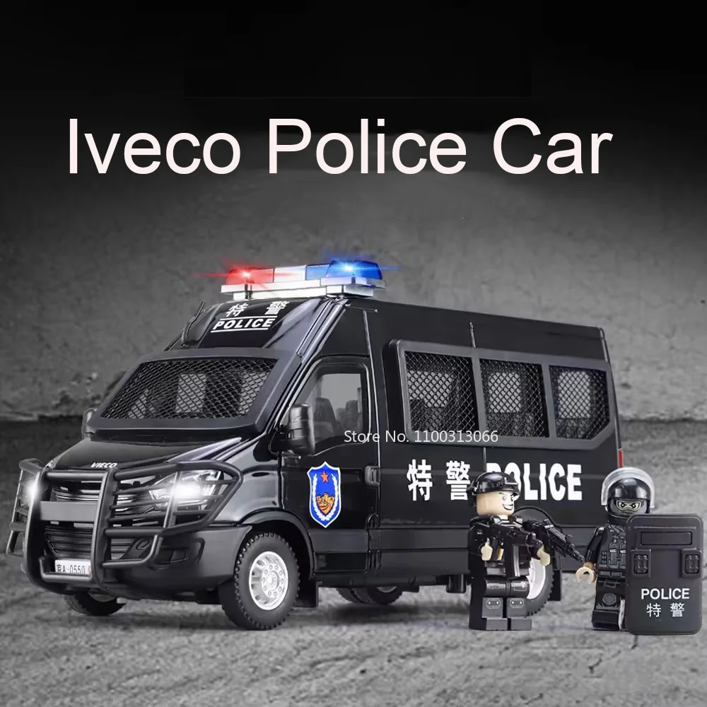 

1/24 Alloy Diecast Iveco Police Cars Model Decoration Toys With Light Sound Vehicle Rubber Tires Autos Toy For Kid Festival Gift