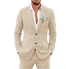 Casual 2 Piece Beige/Blue Linen Men Suits Notch Lapel Slim Fit Groom Tuxedos Blazer Pants Sets Wedding Prom Party Costume Homme 1