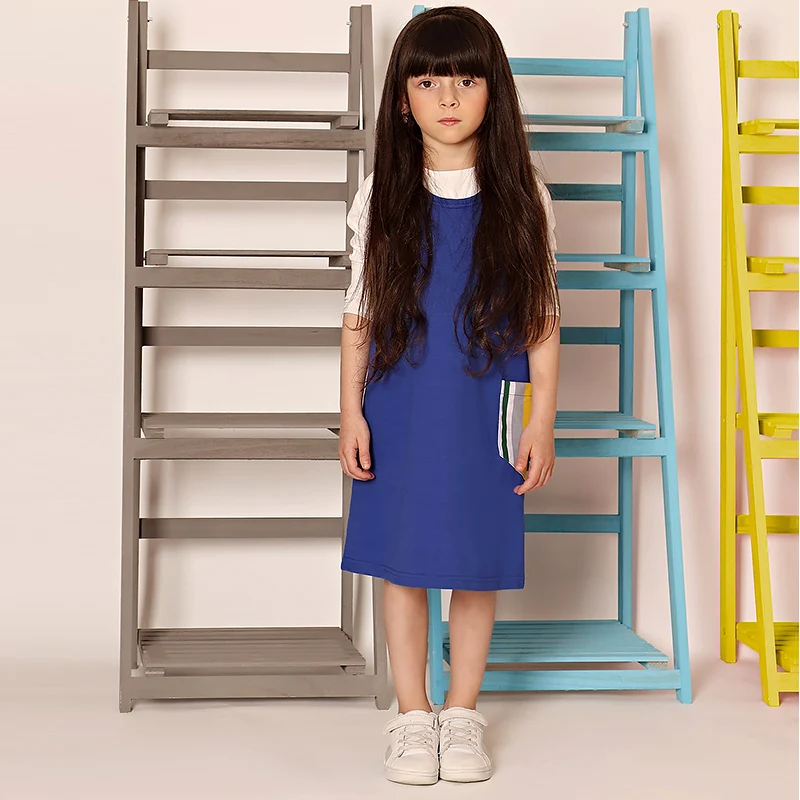 

Платья для девочек AA, комплект в полоску с карманами, летнее платье с круглым вырезом, детская одежда, платье для девочек, хлопковое синее трикотажное джинсовое