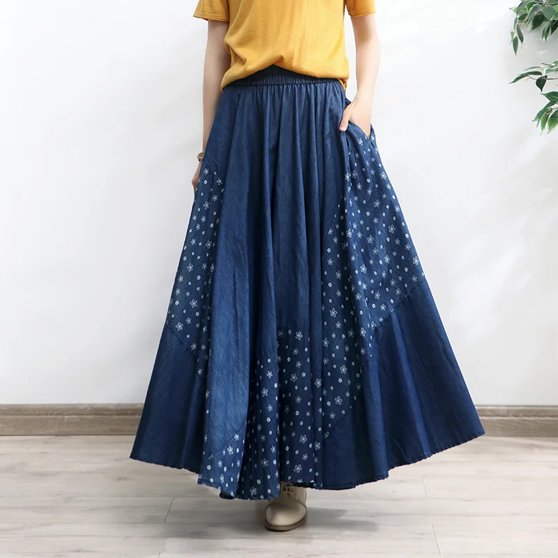 Free Shipping 2023 New Long Maxi A-line Women Elastic Waist Spring And Summer Denim Blue Skirt Print Lady Big Hem Light leather gloves women fashion leopard wrist bowknot genuine lambskin glove winter warm driving for lady free shipping l100nq 5